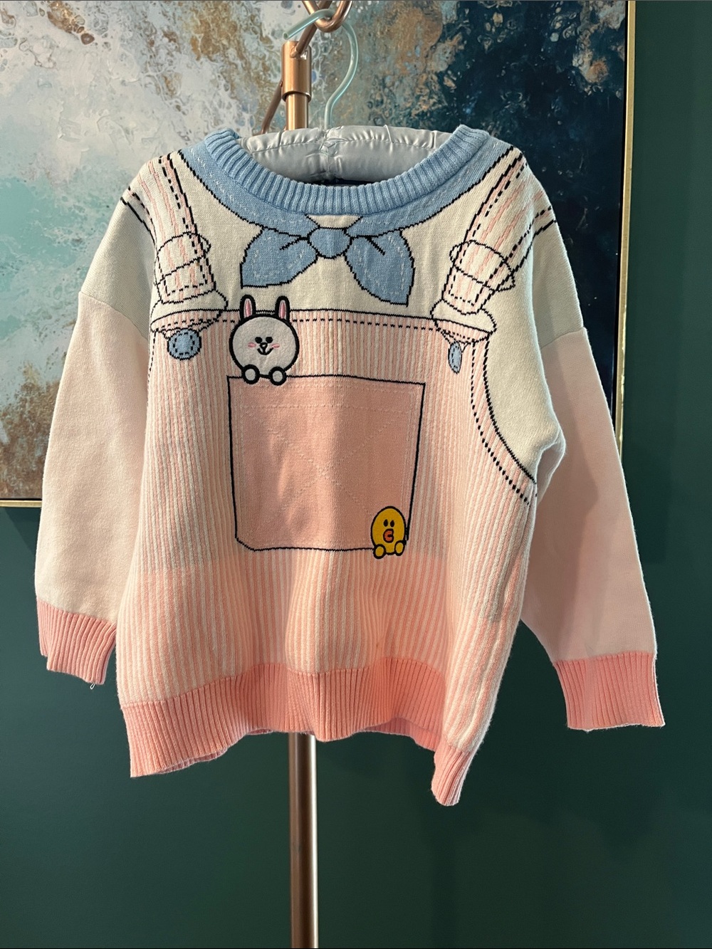 Kids Pastel Pink & Light Blue Cartoon Pocket Sweater